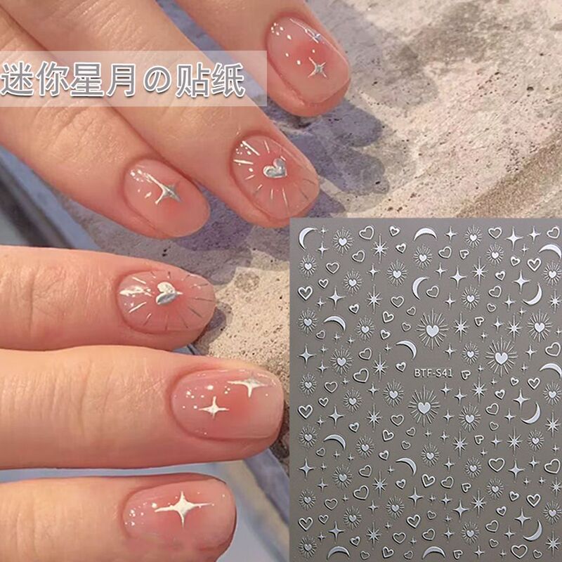 Nail Art Stickers Bronzing Love Star Moon Geometric Pattern 3d Waterproof Silver Crescent Star Stickers Nail Art Decorations