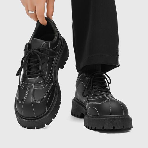 2024 New Black Casual Leather Shoes for Men with Big Mickey Derby Style, Uncommon Low-Top Thick Sole Height Increasing Men's Shoes Z15