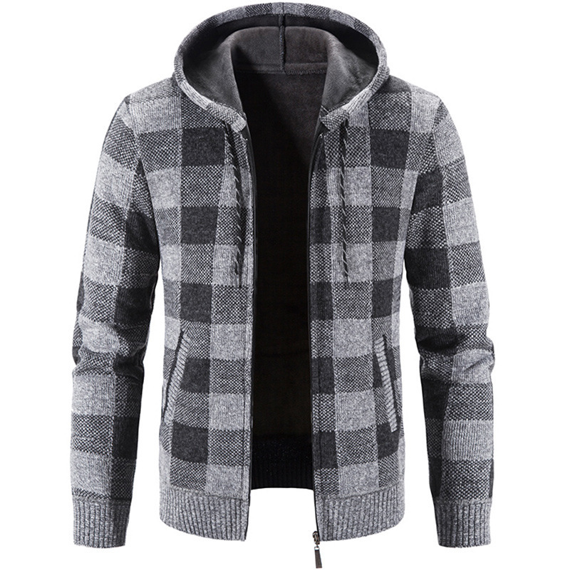 Nuevo cárdigan de hombre para otoño e invierno, suéter tejido grueso con capucha y cremallera, chaqueta a cuadros para hombre.