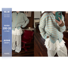 POXFFEE/条纹连帽针织衫毛衣开衫女秋冬新款复古宽松外搭针织外套