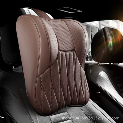 Cushion, Leather Driving Set, Headrest - coffee-brown-headrest-only-genuine-leather-style-c-quilted-embroidery-upgraded-3d-full-support