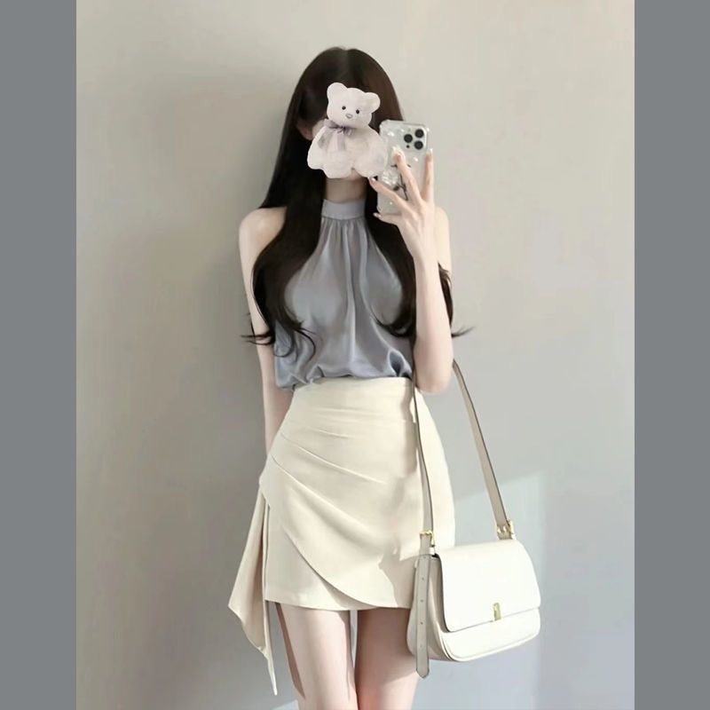 小个子显高时尚套装女夏装纯欲挂脖背心上衣高腰不规则半裙两件套|undefined