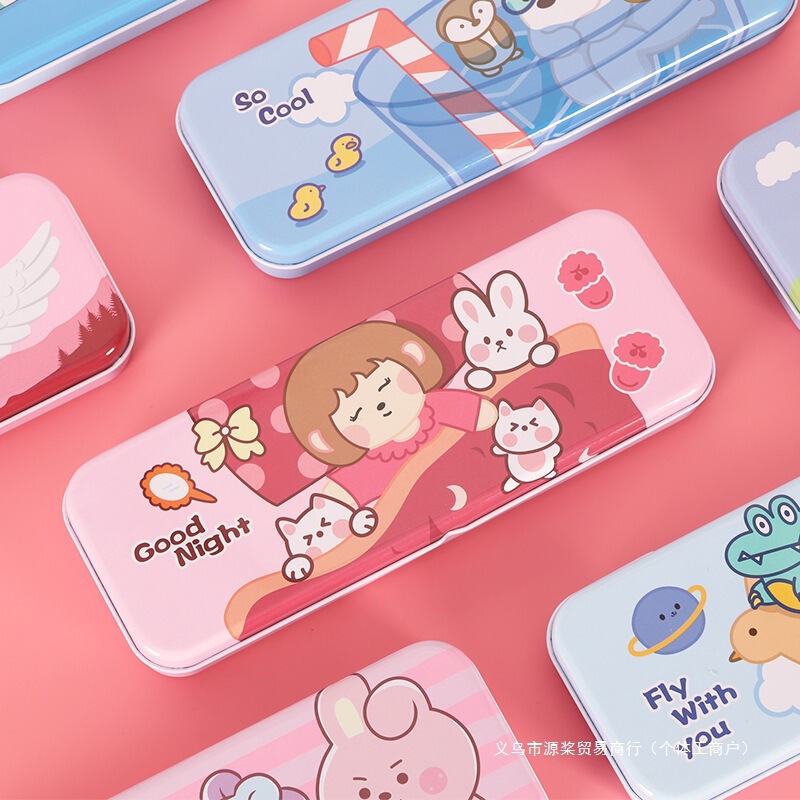 小学生のブリキの文具箱、二層の文具箱、かわいい漫画の男の子と女の子の筆箱、掛け算表付き|undefined