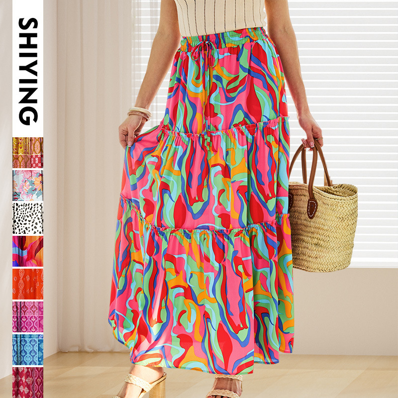 Skirt with Drawstring, European and American Style, Summer, Slightly Elastic, Painted Pattern, Pocket, Vintage Rectangular Cake Skirt