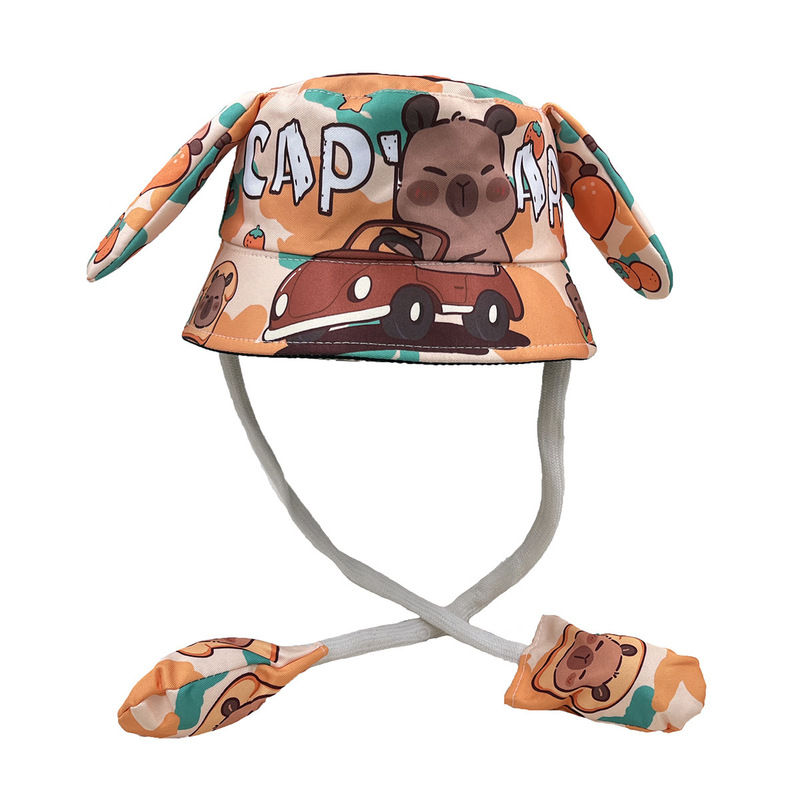 Children's Cartoon Fisherman Hat with Three-Dimensional Ears, Airbag, Moving Hat, Capibara Medium and Large Kidsren's Basin Hat 56cm
