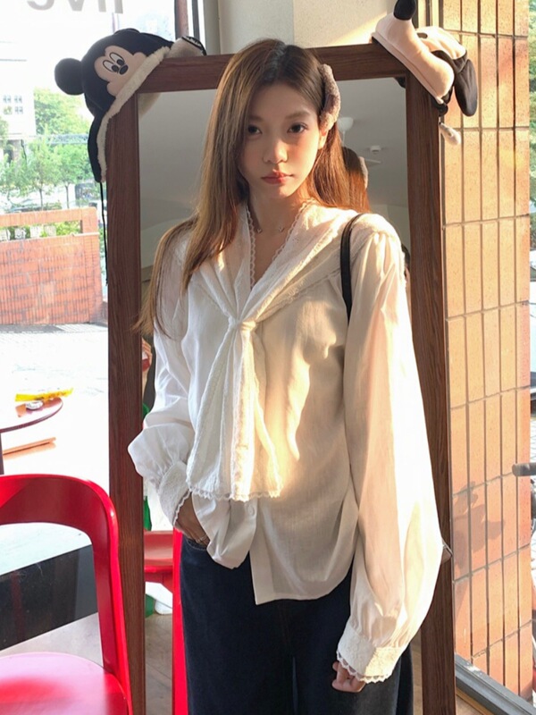 法式气质白色衬衫女装秋季新款设计感复古蕾丝花边海军领长袖衬衣|undefined