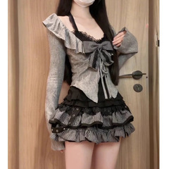 少女 秋季纯欲风辣妹套装黑色蕾丝吊带灰色针织开衫短款半裙 椰子