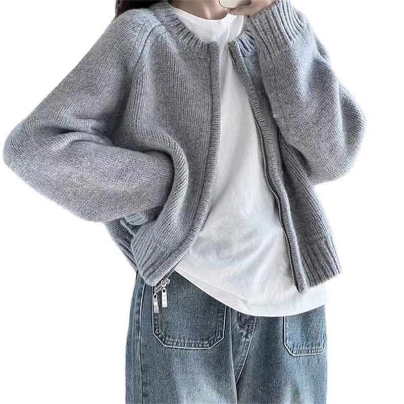 2025秋冬新款宽松灰色短款毛衣外套女装加厚拉链长袖针织开衫上衣|undefined