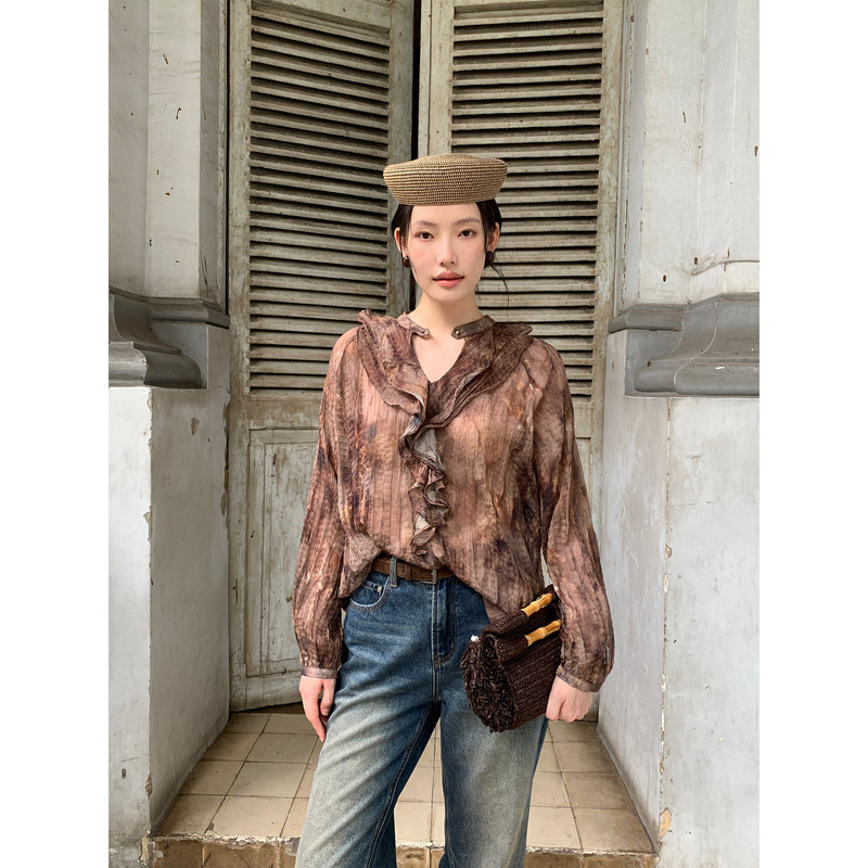 NEIHE Early Autumn V-neck Vintage Gradient Floral Ruffle Pleated Shirt Elegant Long Sleeve Top for Women 260232 NEIHE Early Autumn V-neck Vintage Gradient Floral Ruffle Pleated Shirt Elegant Long Sleeve Top for Women 260232