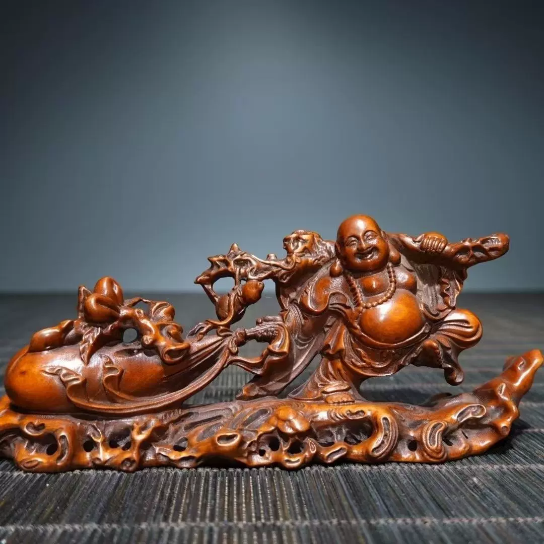 黄杨木雕拉布袋弥勒佛招财车载居家玄关摆件布袋和尚代代有福佛像