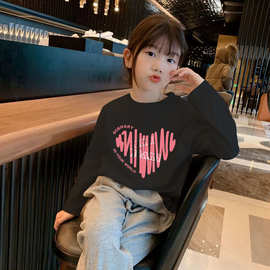 H2272#女童纯棉长袖T恤中大儿童字母百搭宽松打底衫白色秋季上衣t