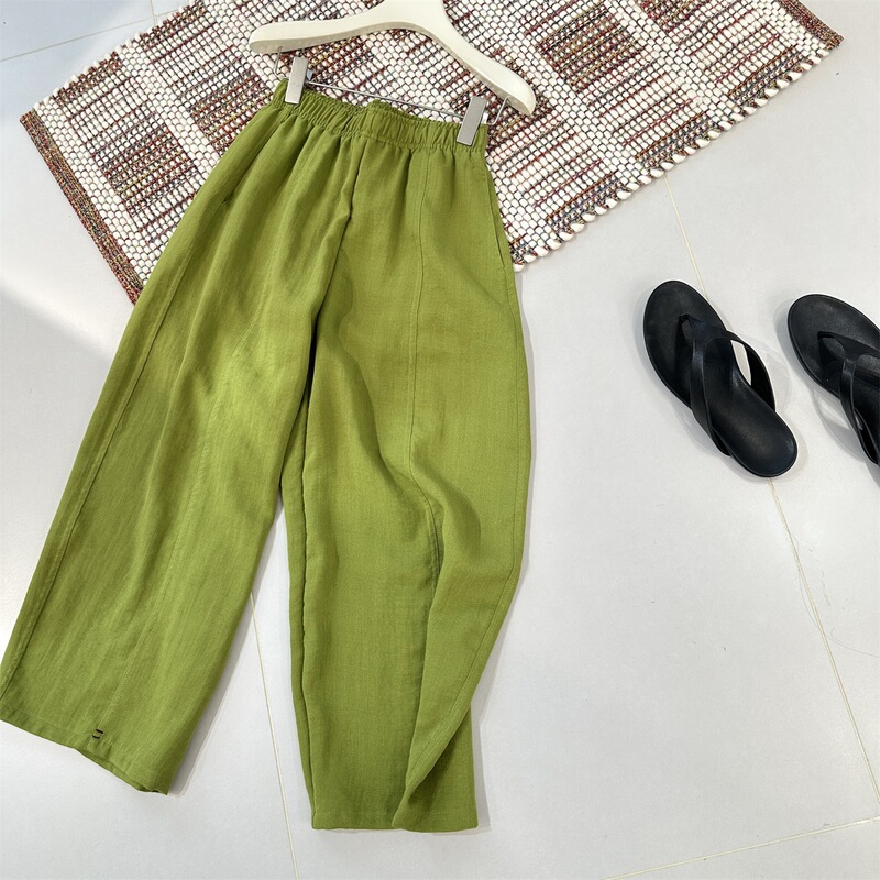 Matcha Green Linen Blend Balloon Pants for Women, Summer 2026 New Style, Old Money Style, Relaxed Fit, Elastic Waist, Cropped Casual Pants