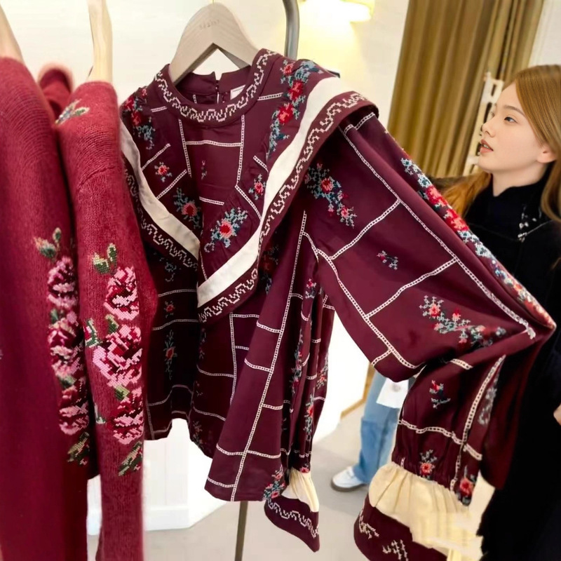 French-Style Elegant Women's Clothing with Cross-Pattern Embroidery, Ruffled Round Neck, Long-Sleeve Shirt, New Nanyou Top