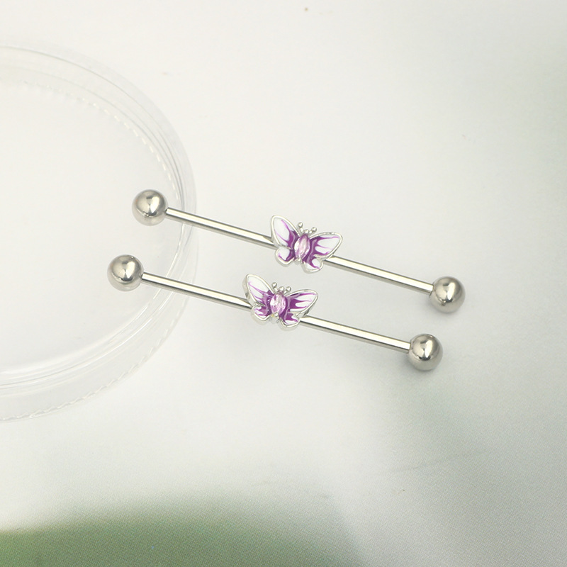 14G Industrial Barbell Ear Studs External Thread Drop Oil Butterfly Ear Bridge Double Ear Hole Straight Rod Pearl Ear Studs detail image 9