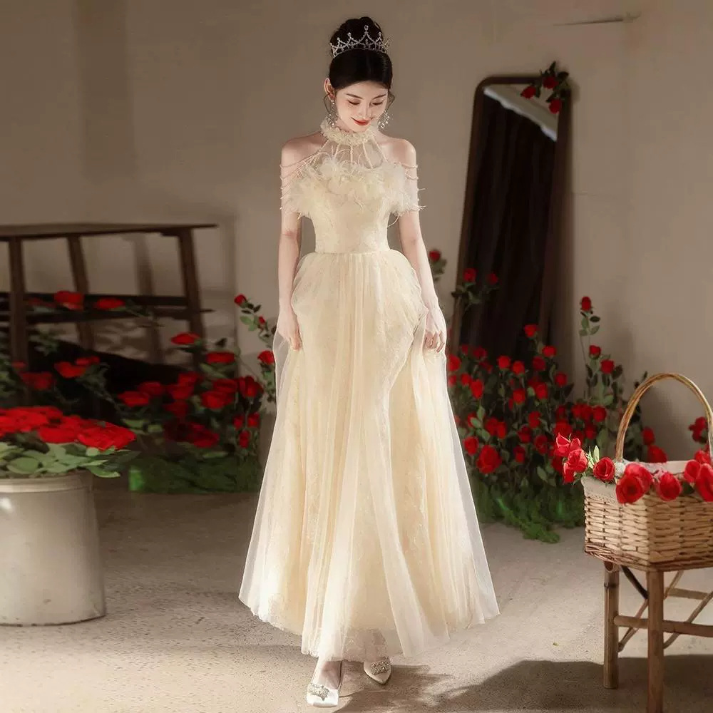 Elegant Champagne Colored Evening Gown New Style Long Dress For Women Suitable For Engagement Understated Luxury Ethereal Beauty_ecoleips.com