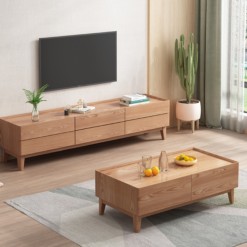 Mesa de té de estilo de registro mesa de té de madera maciza nórdica combinación de gabinete de TV moderno minimalista hogar sala de estar pequeño apartamento madera de cera blanca