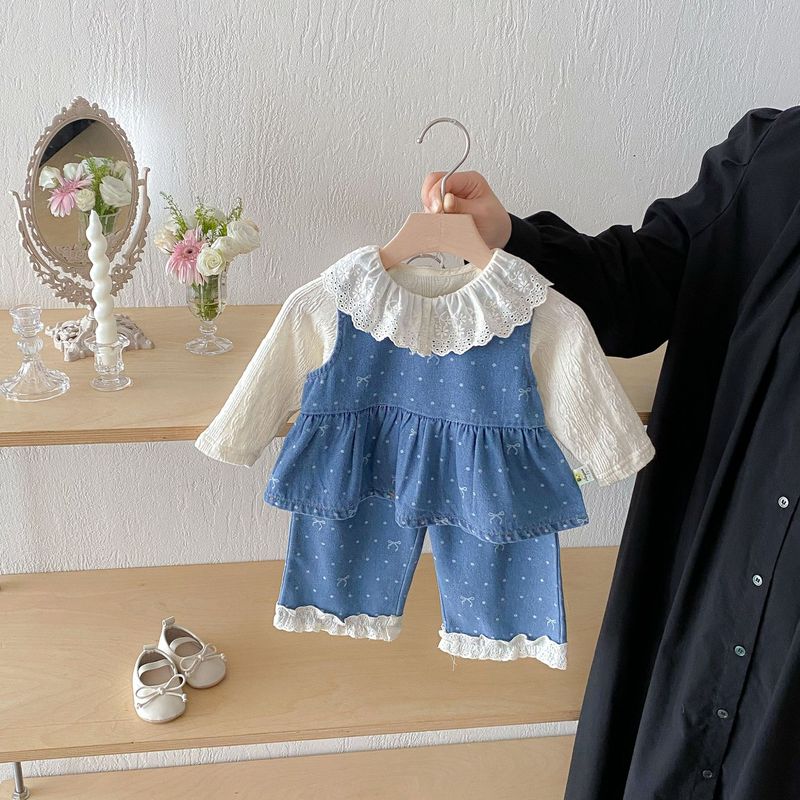 女の子スーツ秋の新スタイルベビーデニムベストパンツボトリングシャツツーピース韓国風ベビー服|undefined