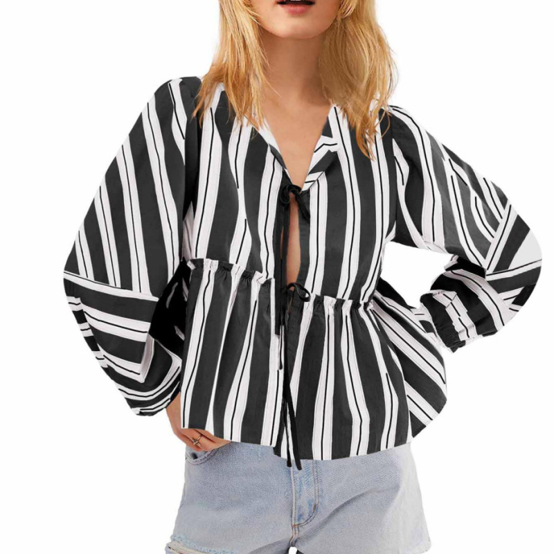 2025 Women's Front Lace-Up Top Striped Ruffled Puff Sleeve Doll 3/4 Length Shirt