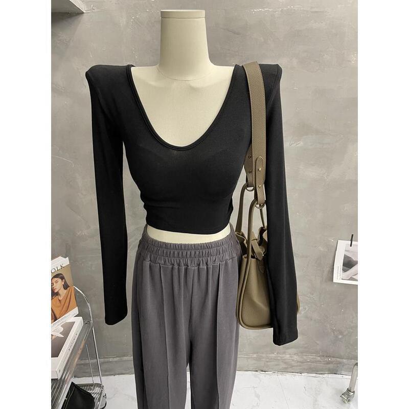 Spring and Autumn New ~ Basic Low-cut Deep V-neck Fashion Top Women's Slim Fit Short Base Shirt Long Sleeve T-shirt 2024 Trendy