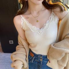 Lace suspender with knitted vest for women 2023 new spring and autumn bottoming v-neck sexy sweet and spicy white top for women