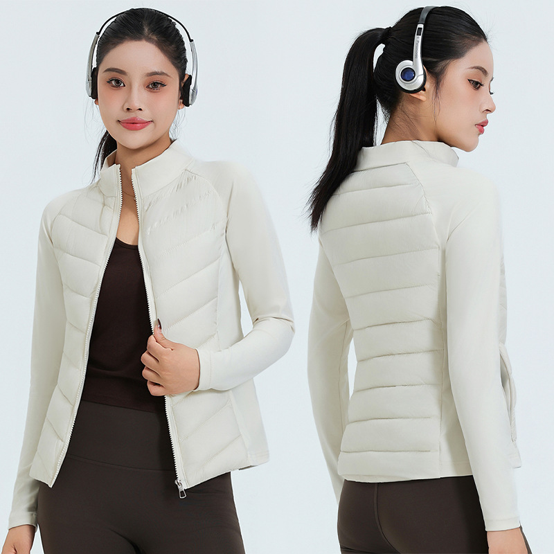 Ropa de yoga, abrigo de algodón de base deportivo, mujer otoño-invierno 2025, nuevo cuello vertical, ligero y delgado con revestimiento interior caliente.