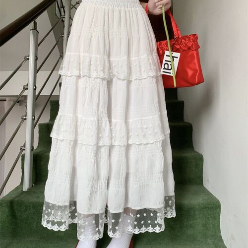 White Semi-Body Skirt for Women, Design-Focused Lace Edge Tiered Cake Skirt, Spring and Summer High-Waist French Style Maxi Dress with Large A-Line Skirt