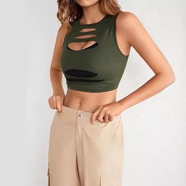 2026 New European and American Cross-Border Women's Fashion Hot Girl Round Neck Tank Top Ripped Sleeveless Short Top