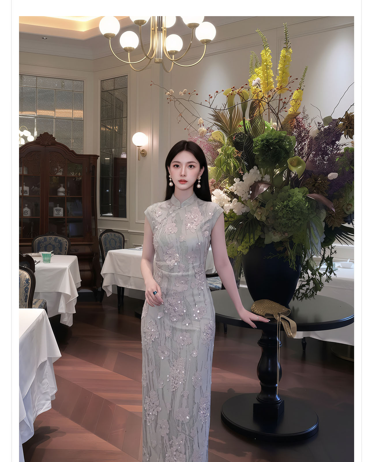 Đầm maxi thắt eo phong cách Tân Trung Hoa ren hoa nổi tay lỡ — Xám gạo chi tiết 8