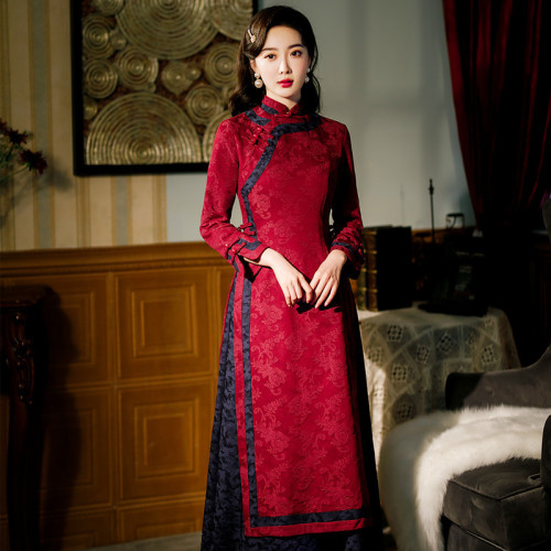 Modified cotton and linen robe aodai Dark gren Red Chinese Dress Qipao Cheongsam Dress for Women Girls long sleeve Chinese daily restore ancient ways young girl