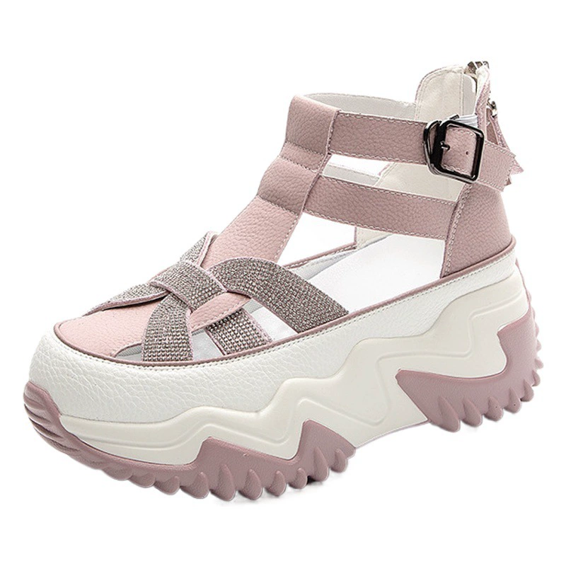 Женские босоножки, увеличивающие рост, лето 202, универсальные спортивные популярные белые туфли Baotou на платформе с вырезами и стразами в римском стиле