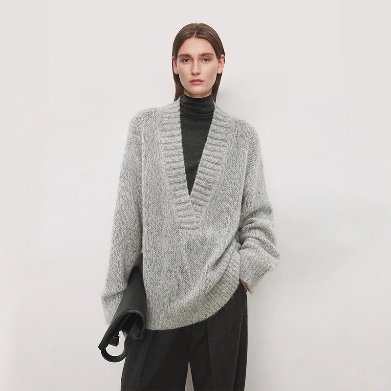 Th~Row Lyocell+Wool Marble Pattern Clip Yarn Retro Casual Thick Needle V Neck Sweater Th~Row Lyocell+Wool Marble Pattern Clip Yarn Retro Casual Thick Needle V Neck Sweater