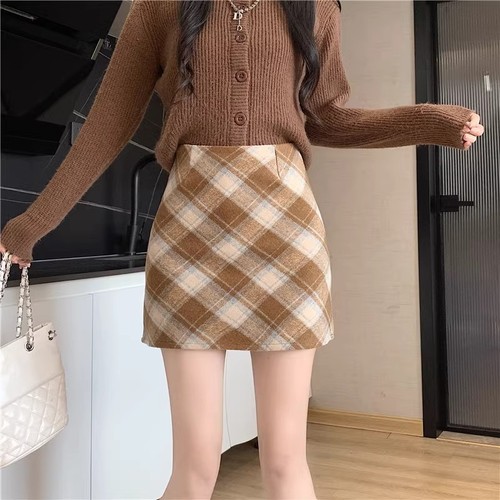 2024 Fall New Women's Petite Wool Vintage High-Waist Korean Chic Peplum Gingham A-Line Skirt