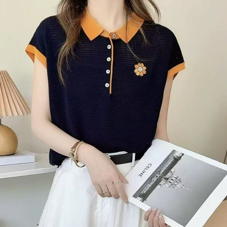 笑脸太阳花刺绣薄款短袖针织衫夏季气质显瘦半排扣拼色翻领上衣女