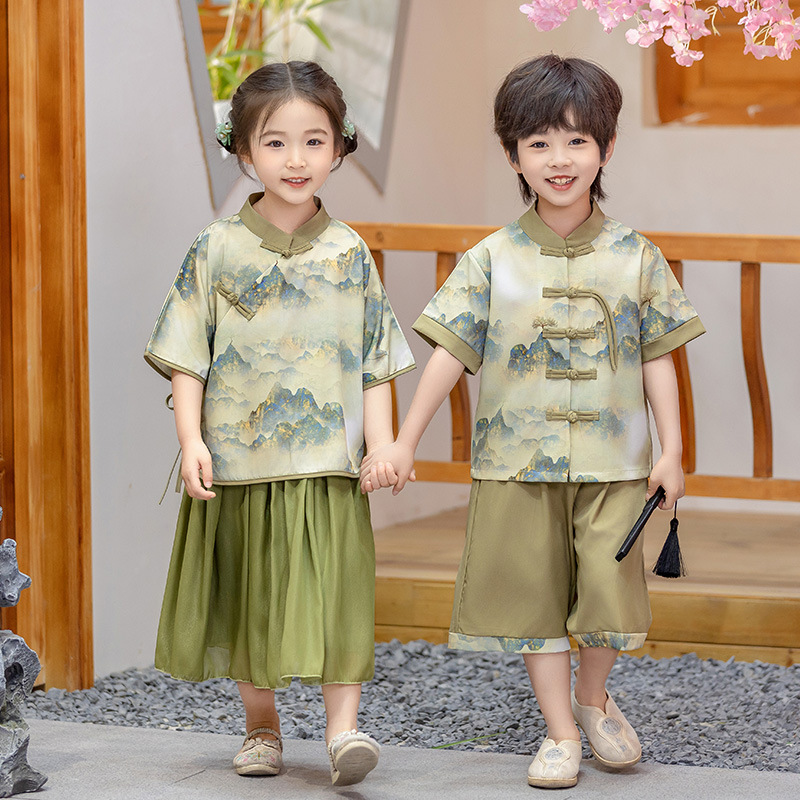 兒童漢服男女童唐裝國風套裝男孩中式古裝寶寶周歲禮服高端演出服