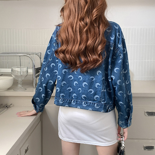 Early autumn new short denim jacket for women Korean style loose fashion print moon versatile slim jacket top for women