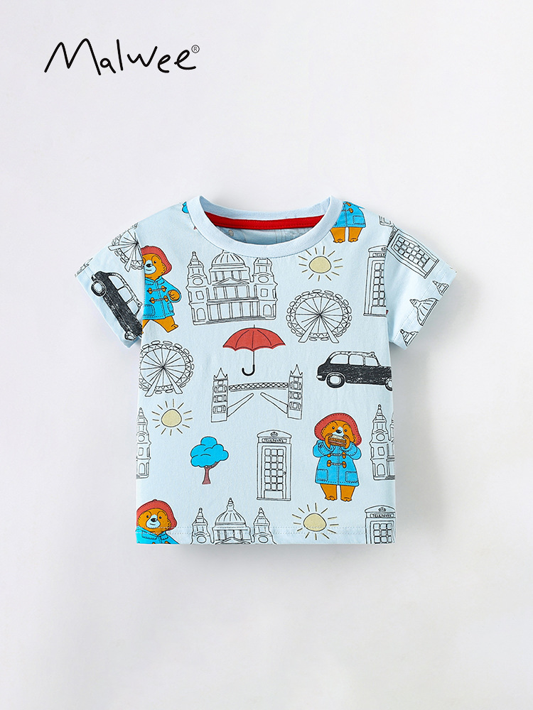 Malwee niños verano nuevo guapo impreso cuello redondo camisa casual manga corta europeo y americano niños camiseta superior