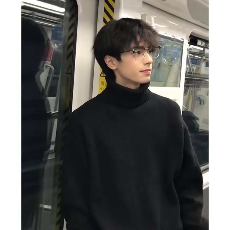 男款秋冬高级感内搭打底衫加绒痞帅慵懒风针织衫黑色可翻高领毛衣,男装针织衫/毛衣,星座614