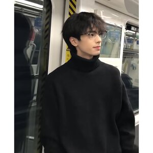 男款秋冬高级感内搭打底衫加绒痞帅慵懒风针织衫黑色可翻高领毛衣图片