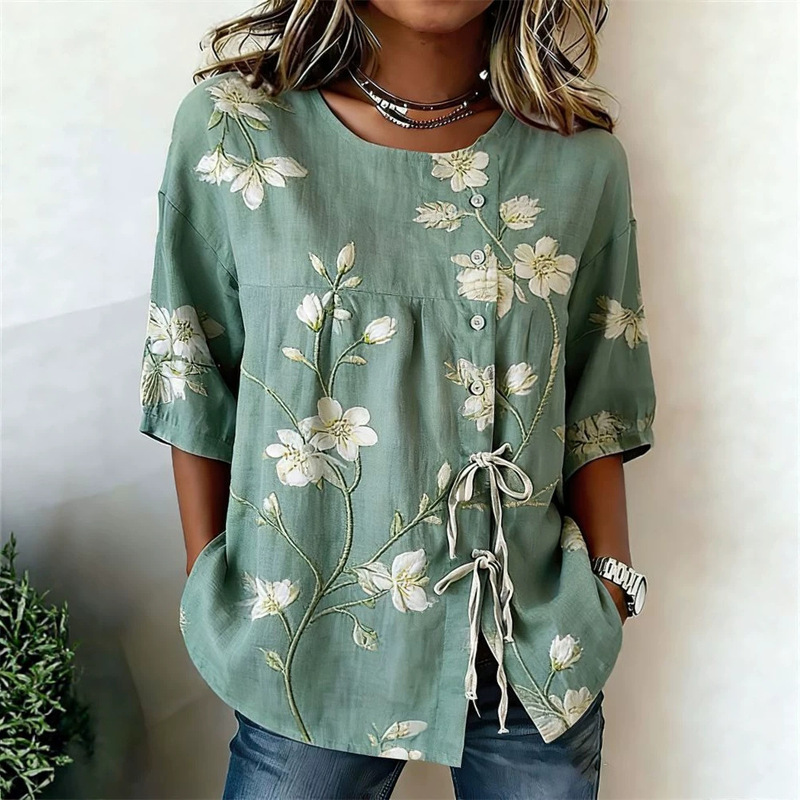Supports Multi-Platform Dropshipping, Cross-Border Round-Neck Button-Up + Tie-Up Half-Sleeve Cardigan Shirt for Women, Direct from the Source Factory