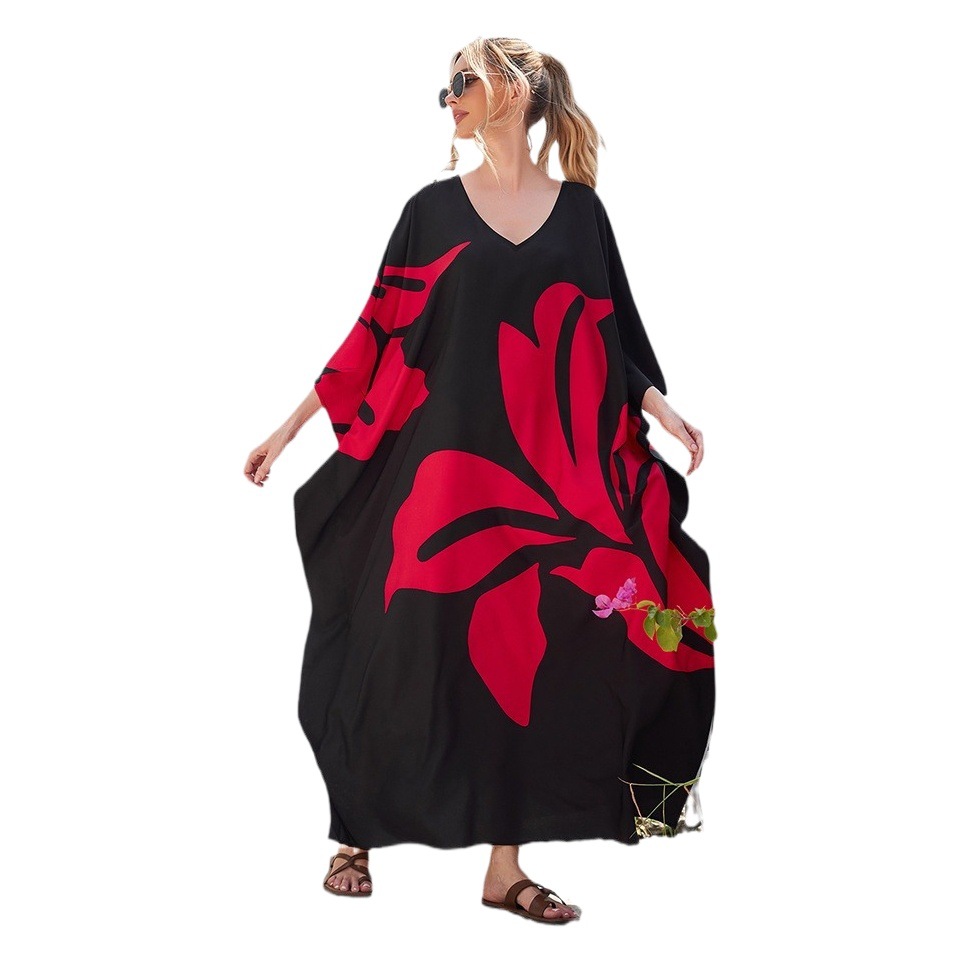 2 colores transfronterizos nuevo impreso manga Batwing bata suelta más tamaño vacaciones playa vestido bikini cubierta hasta 3907