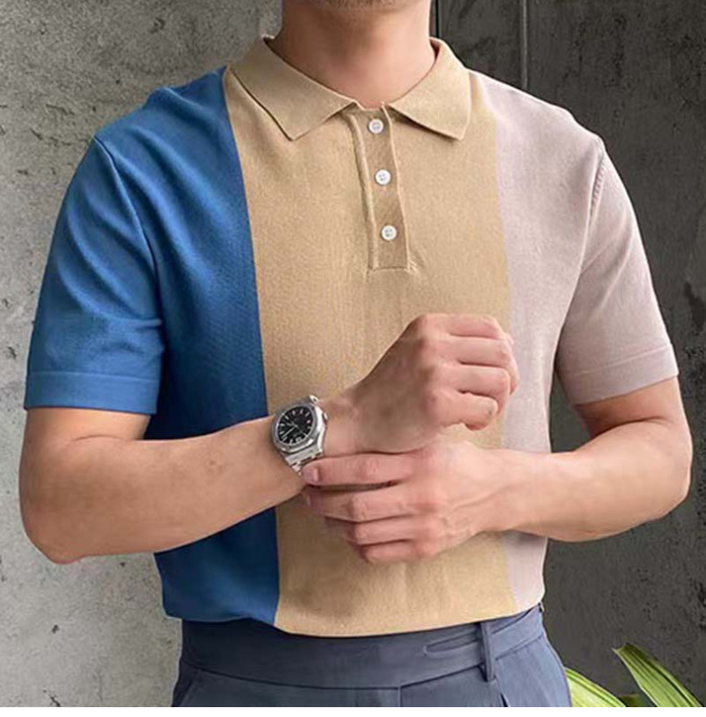 2024 New Men's Summer Contrast Spliced Men's Knitwear Short Sleeved Business Polo Shirt_voghion.com