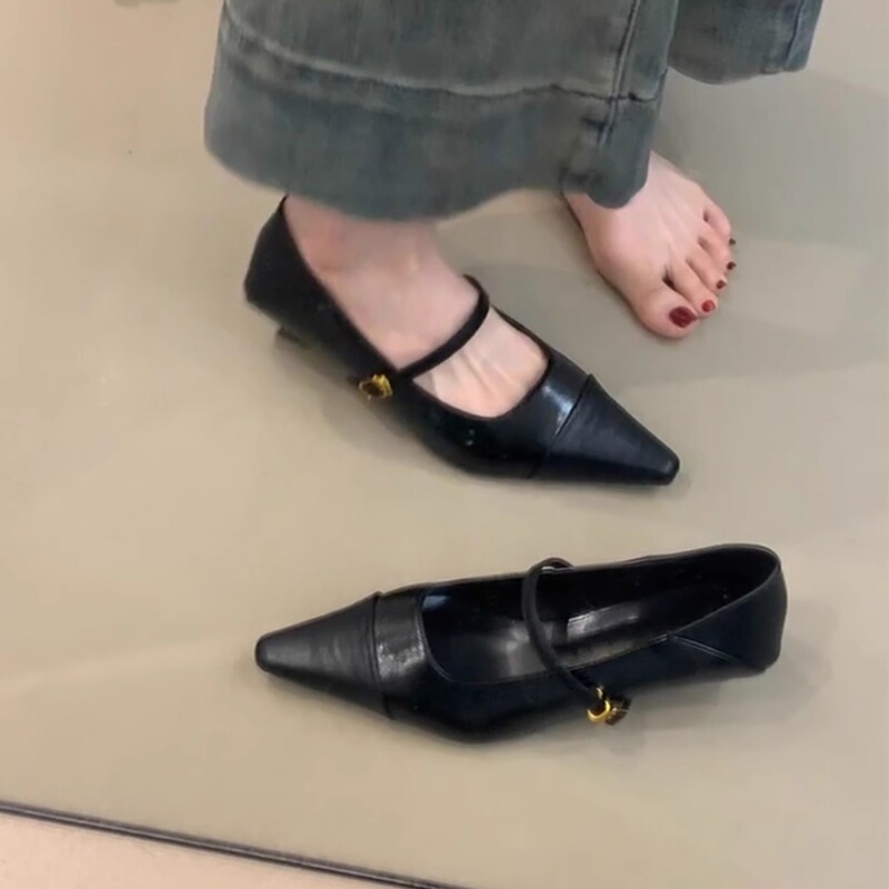 小众版~法式尖头气质小猫跟单鞋女高跟鞋浅口一字扣复古玛丽珍鞋|undefined