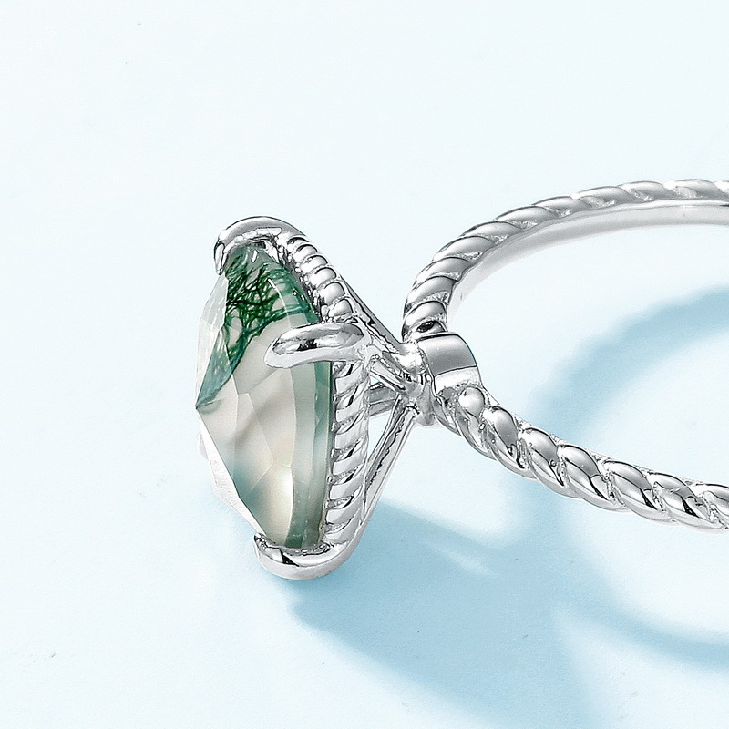 Anillo de flor de cáñamo transfronterizo con incrustaciones de pared Anillo de ágata de hierba de agua S925 Anillo de apertura de piedra de musgo verde natural de plata Atmósfera europea y americana
