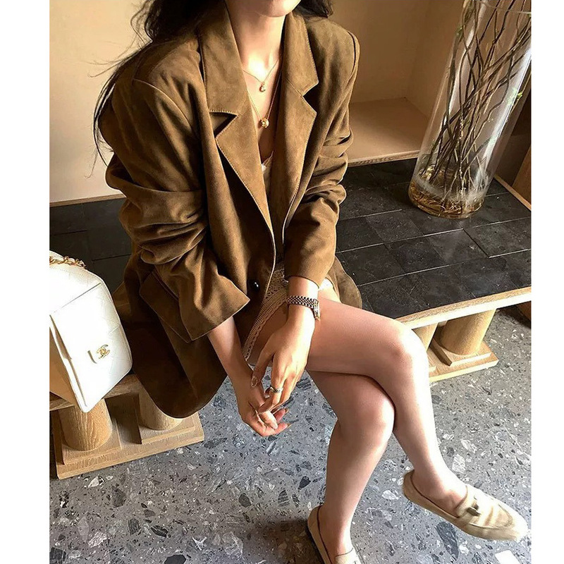 Old Money Style Retro Genuine Leather Suit Goatskin Suede Cool Leather Jacket Mid-Length Wide Version Jacket 2025 Autumn New Style Old Money Style Retro Genuine Leather Suit Goatskin Suede Cool Leather Jacket Mid-Length Wide Version Jacket 2025 Autumn New Style