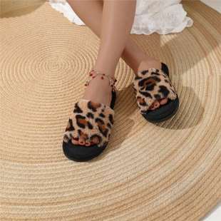 Leopard Print Furry Slippers, High-End a Autumn and Winter Flip-Flops, Cotton Shoes, Going Out Cotton Slippers, Flats Thong Millennium Hot Girls