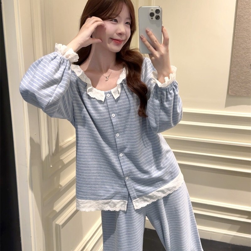 2025 Autumn and Winter Korean Striped Towel Velvet Suit Casual and Plaid Lace Pajamas Long Sleeve Home Clothes Suit