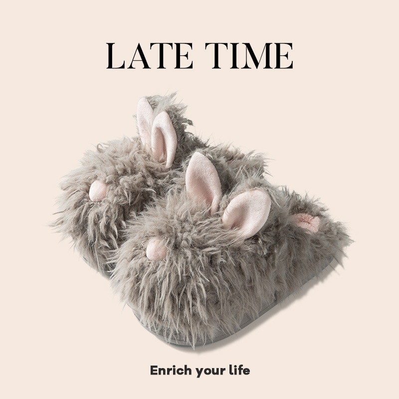 latetime可爱兔子棉拖鞋女秋冬2025新款室内家居保暖月子毛毛拖鞋|undefined