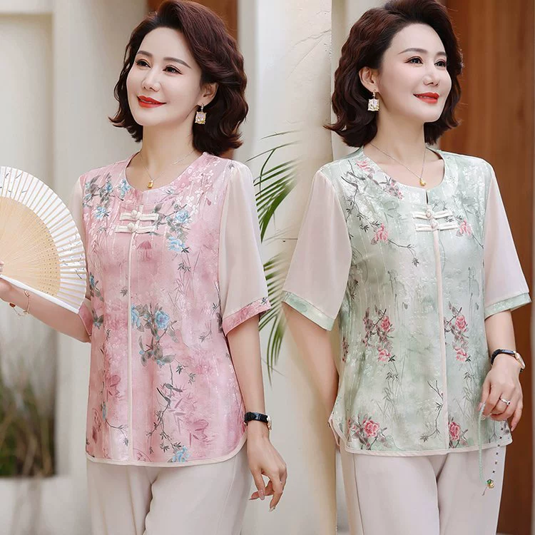 Летняя рубашка в китайском стиле для мамы, китайский стиль, модная женская футболка с цветочным принтом для женщин среднего и пожилого возраста, уменьшающая возраст.