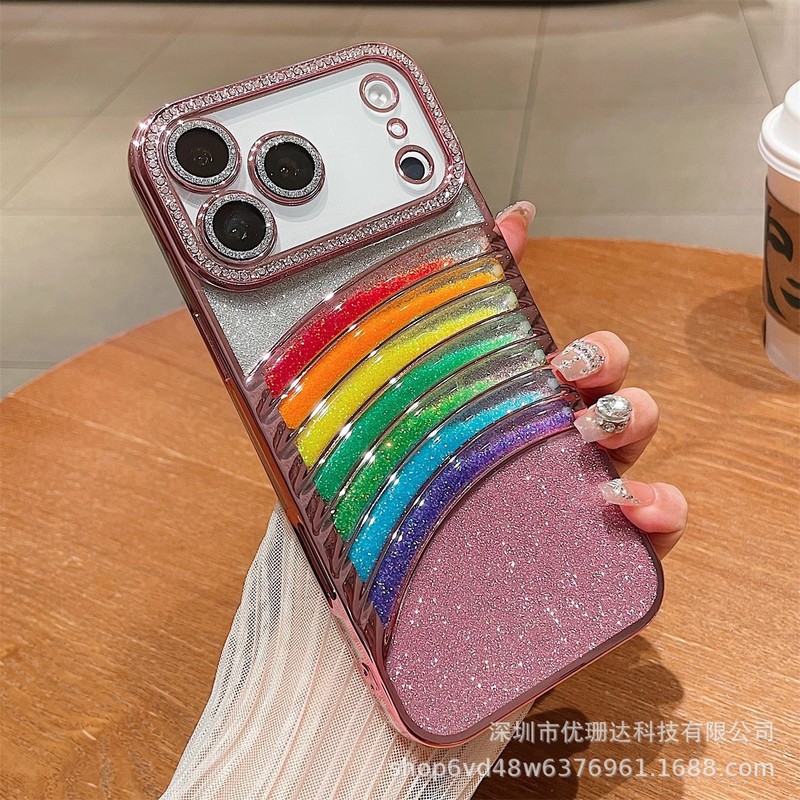 适用iPhone17promax立体流沙彩虹手机壳苹果16闪钻电镀全包保护套|undefined