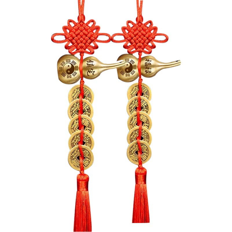 True House Fulu Чистая медь Тыква Чистая медь Пять императорских денег Китайский узел Кулон от двери до двери Кисточка Гравировка Картина Гравировка Медная Тыква